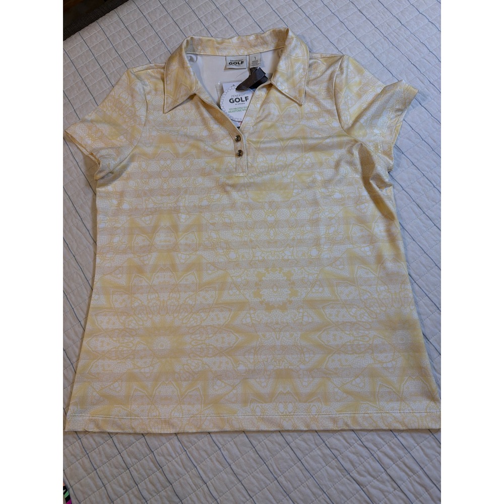 Zenergy Golf by Chico's Hidden Stripe Polo‎ Yellow White UV Wicking Size 1 NEW